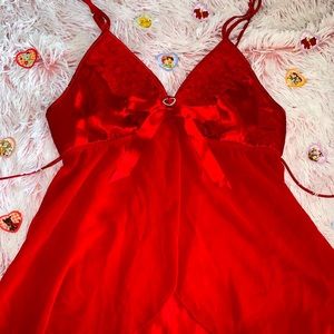 Red Enchanted silk babydoll open front cami with rhinestone heart detail and bow